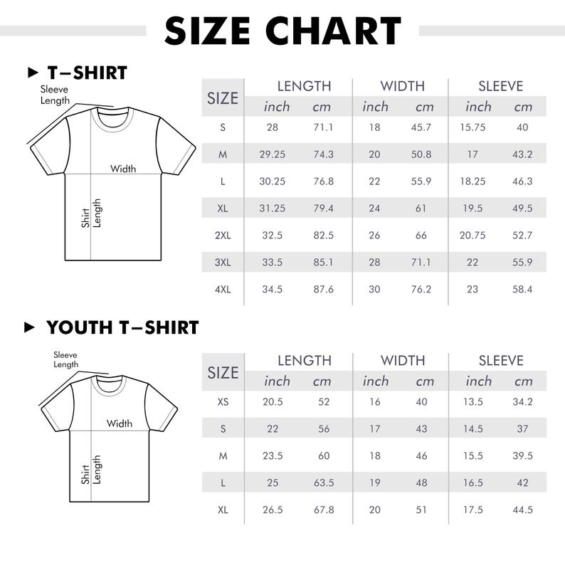 May include: A size chart for T-shirts and youth T-shirts, displaying measurements in inches and centimeters. The chart includes sizes, lengths, widths, and sleeve lengths for various sizes, from XS to 4XL.
