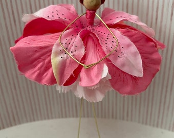 Pink Day Lily Flower Fairy, Redhead, Poseable Fairy, Gift Topper, Fairy Tree, Faerie Decor,