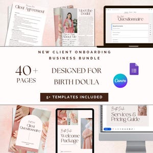May include: A digital marketing bundle for birth doulas, featuring 40+ pages of templates and resources. The bundle includes a client agreement, questionnaire, welcome package, services and pricing guide, and more. The bundle is designed to help birth doulas onboard new clients and grow their business.