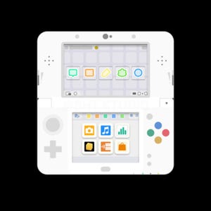 Puede incluir: Consola de juegos portátil blanca con dos pantallas que muestran varios iconos coloridos. La consola tiene un pad direccional, botones y un lápiz. La pantalla muestra una cuadrícula de iconos coloridos.