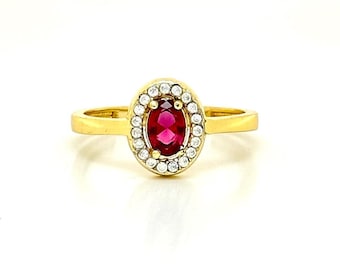 Ruby and Diamond Ring / 14k Classic Oval Cut Ruby with Surrounding Diamonds / Natural Ruby Halo Setting Ring for Women / Birthstone Jewelry
