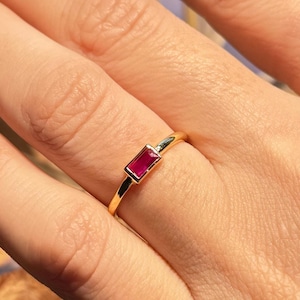 14k Solid Gold Baguette Ruby Ring / Dainty Ruby Gemstone Stacking Ring for Women / Minimalist Ruby Ring / Birthstone Ring / Ruby Jewelry