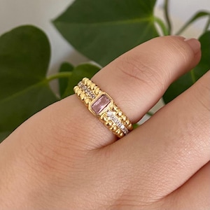 Anillo de morganita de oro macizo de 14 k / Anillo único de morganita rosa y diamante para mujer / Anillo con piedra de nacimiento / Joyería con circonita rosa / Regalos de cumpleaños
