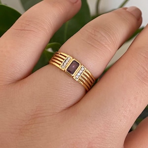 14k Solid Gold Amethyst and Diamond Ring / Emerald Cut Purple Gemstone Statement Ring / Birthstone Ring / Dainty Gold Ring Gift for Women