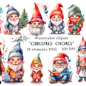 Christmas gnomes watercolor art, whimsical PNG clipart, holiday digital download, printable designs, high-quality PNG files, Christmas Gnome