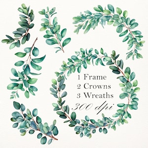 Elegant Watercolor Clipart Set - Eucalyptus Wreath, Branches & Crown PNG, 300 DPI, Perfect for Wedding Invitations, DIY Projects