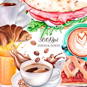 Italy Food Watercolor Clipart ,Italian coffee ,cappuccino watercolor PNG, flatbread, Italian breakfast, snack watercolor-, Italian Cuisine