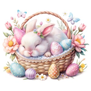 イースターバニーのクリップアート、PNG バニー、かわいいウサギ、イースターエッグ、春の花、水彩ウサギ、イースターバスケット、イースターデコレーション、PNG