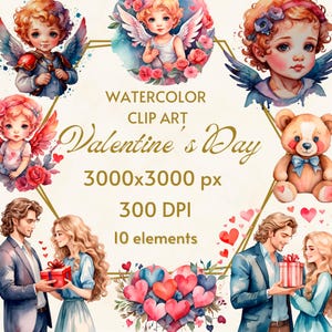 Clipart romántico de acuarela para el día de San Valentín: , acuarela Corazones Clipat, Parejas png, , Cupidos PNG, JPEG, Ositos de peluche de alta resolución
