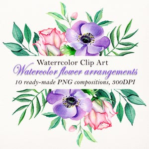Clipart de flores de acuarela PNG: coronas y ramos florales, gráficos botánicos pintados a mano, invitaciones de boda, descarga digital, 300 DPI