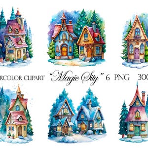 fairy tale houses, Clipart PNG Trasparente, Città Magica, Decorazioni Festive, Biglietti Auguri, File Digitali 300 DPI Inverno, MagicCity