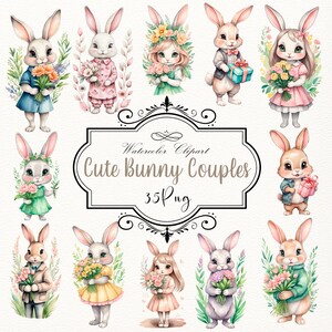 Watercolor Bunny Clipart, Spring Rabbit PNG, Cute Bunny Couples, Floral Easter Bunnies, Baby Bunny Art, Digital Download, 35 PNG