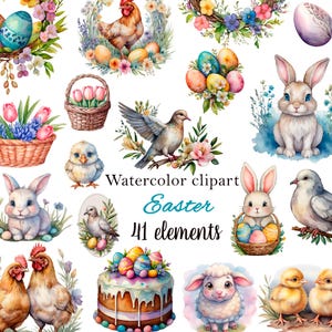 Clipart de acuarela de Pascua, conejitos, huevos, polluelos, flores, cestas. 41 PNG con fondo transparente para imprimir y diseñar