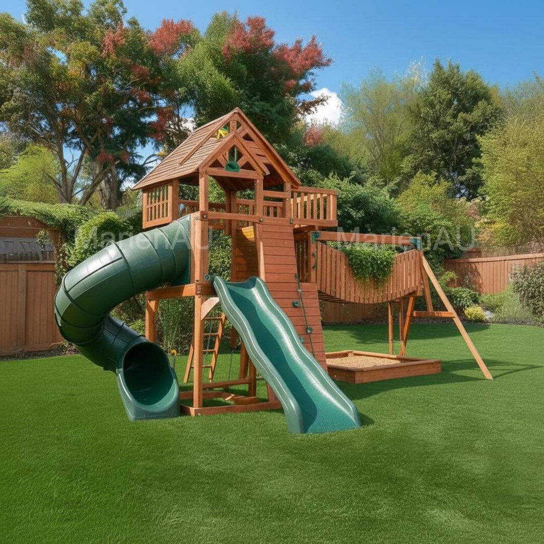 Wooden Backyard Playset With Tube Slide, Wave Slide, Bridge & Sandbox ...