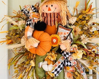 Fall wreath for front door, scarecrow decor, farmhouse wreath, pumpkin wreath for front porch, fall decor