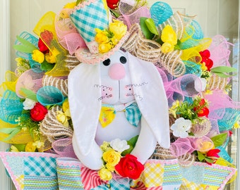 Spring bunny easter wreath, Easter wreath, bunny wreath, rabbit wreath, farmhouse decor, spring wreath for front door, floral wreath