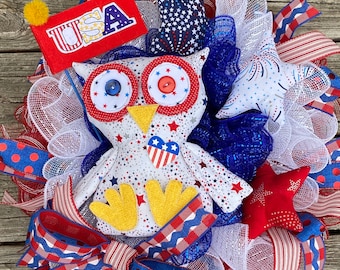Patriotic wreath, farmhouse wreath, Fourth of July wreath, patriotic decor,owl wreath