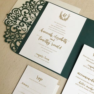 Emerald Green Laser Cut Pocket Wedding Invitation Kit - Gold Wedding Invitation Vintage - Swirl Lasercut Suite - Winter Wedding