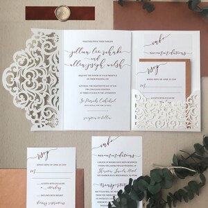 Ivory Laser Cut Wedding Invitation Kit - Cream and Copper Wedding Invite - Gold Wax Seal - Rust Velvet Belly Band