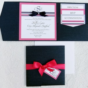 Ruban + Invitation de mariage en strass -- Pocket Invitation Suites, Ruban de satin, Strass Swarovski, Rayures nautiques, Rose chaud + Marine
