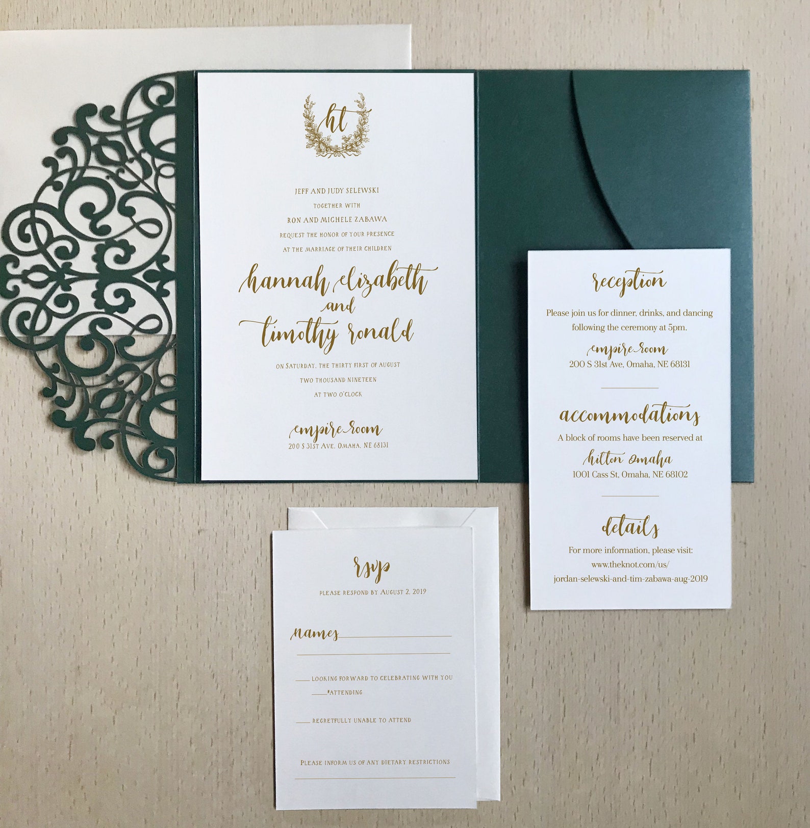 Emerald Green Laser Cut Pocket Wedding Invitation Kit Gold Etsy