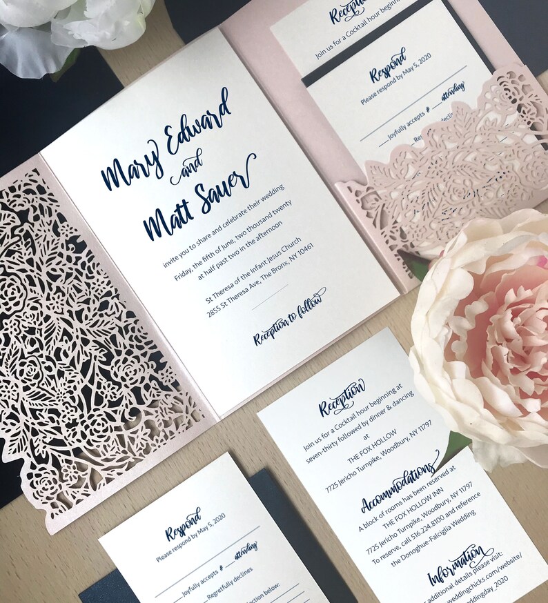 Blush Laser Cut Wedding Invitation Kit Navy and Pink Wedding Etsy