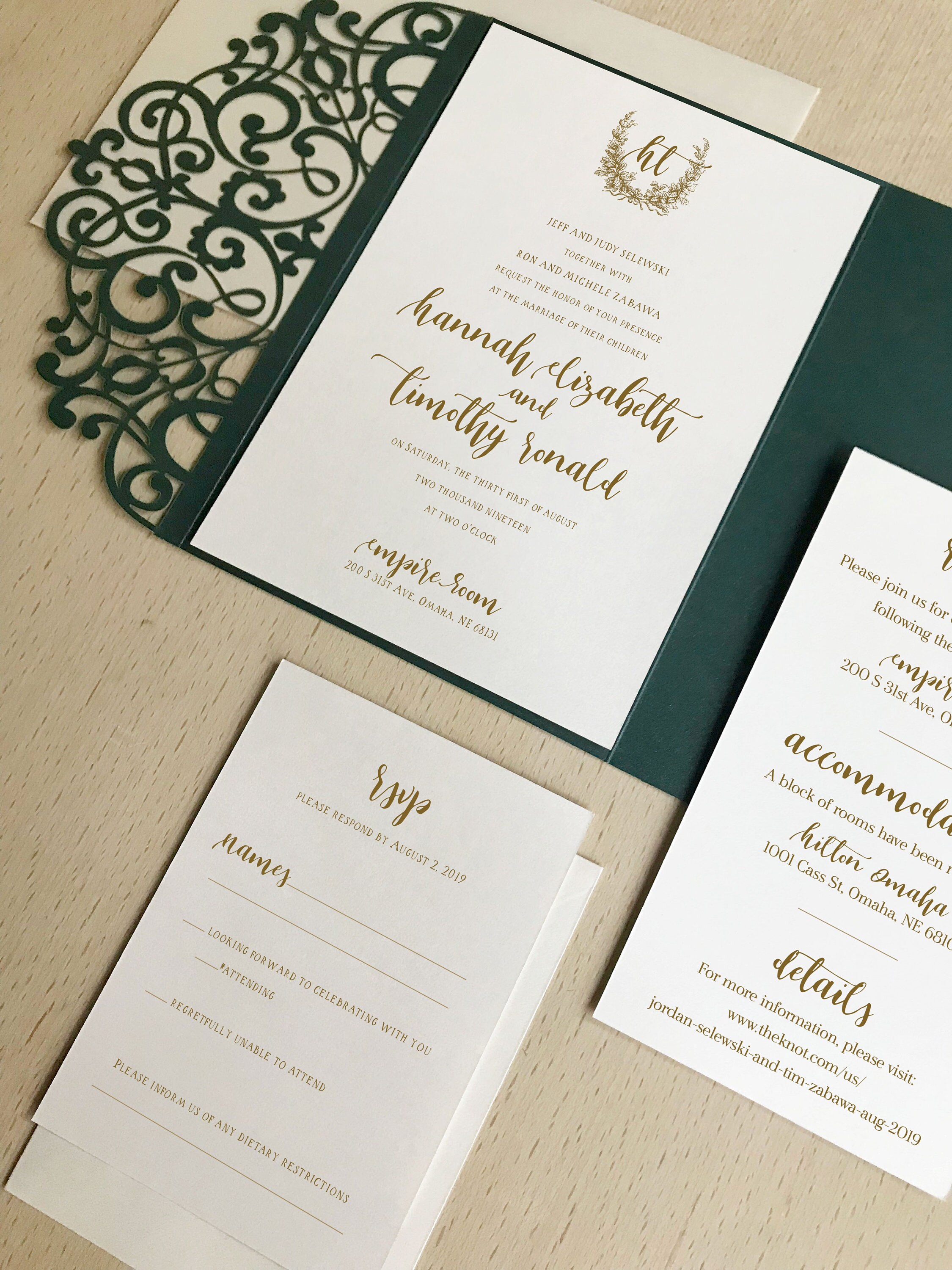 5x7 Metallic Gold Floral & Forest Green Wedding Invitation with Directions  Insert, Postcard RSVP and Envelope Liner. Different Color Options