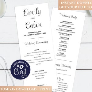 Hochzeitsprogramm - benutzerdefinierte druckbare Programm, klassische Hochzeit Programm, digitales Programm Download, Programmvorlage