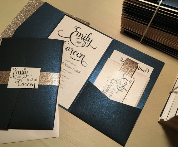 rose gold glitter wedding invitation pocketfold wedding suite belly band invite navy wedding invite wedding invitation folder