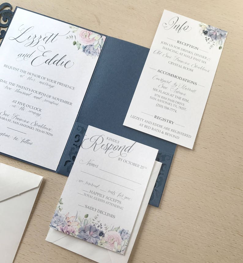 Lasercut Pocket Wedding Invitation Kit Navy Wedding Etsy