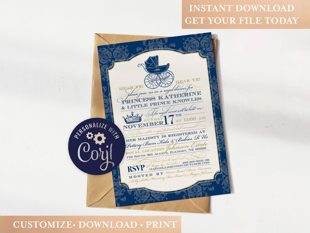 Royal Baby Shower Invitation Printable Invite, Navy Gold Invite, Gender