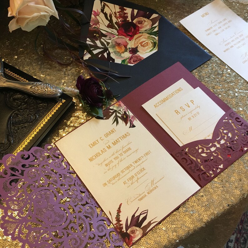 Laser Cut Pocket Wedding Invitation Kit Burgundy Wedding ...