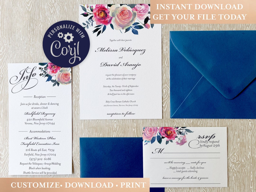 Navy and Pink Wedding Invitation Printable Invite Shower - Etsy