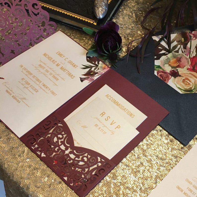 Laser Cut Pocket Wedding Invitation Kit Burgundy Wedding Etsy