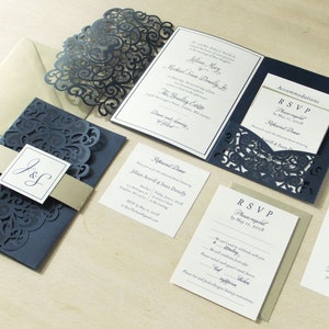 Navy Laser Cut Wedding Invitation Kit - Navy and Gold Wedding Invite - Winter Wedding Lasercut Invitation Suite