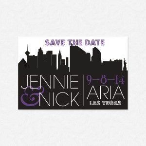 Mariage à destination Save the Date--PDF imprimable sur mesure, mariage Las Vegas, violet et noir, carte postale