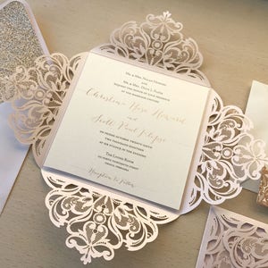 Lasercut Invitation Kit - Blush and Rose Gold Wedding - Pink Wedding Invitation - Rose Gold Glitter Envelope Liner - Quinceanera - Laser Cut