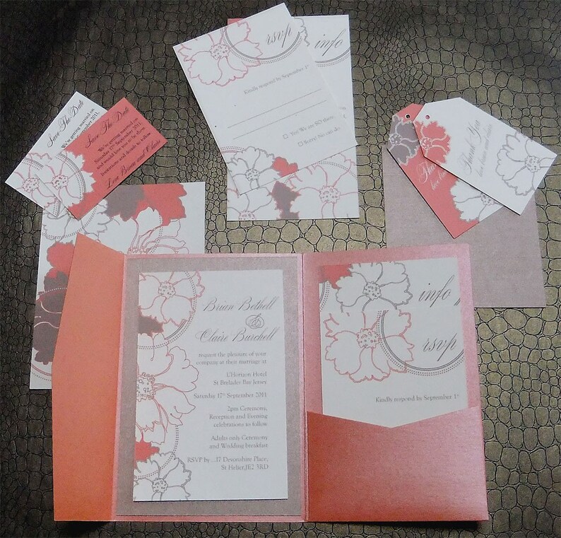 Pocketfold Wedding Invitation Pocket Invite Coral And Etsy