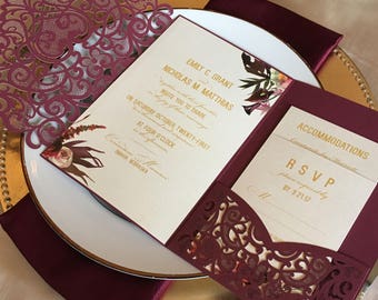 Laser Cut Pocket Wedding Invitation Kit - Burgundy Wedding Invitation Vintage - Fall Floral Lasercut Suite