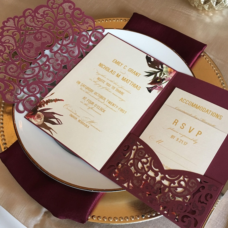 Laser Cut Pocket Wedding Invitation Kit Burgundy Wedding - Etsy