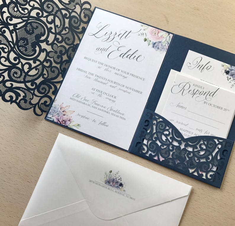 Lasercut Pocket Wedding Invitation Kit Navy Wedding Etsy