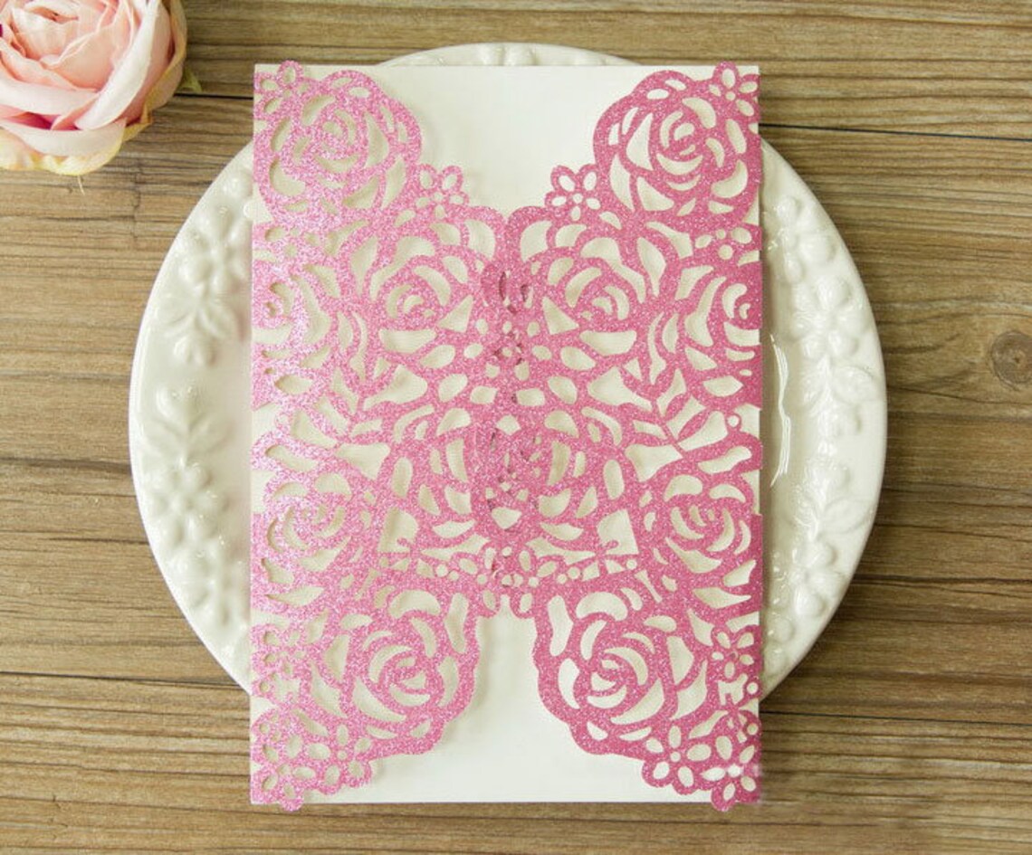Glitter Laser Cut Gatefold Pink Glitter Wedding Invitation Etsy