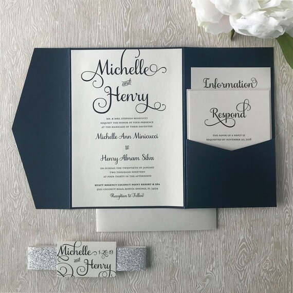 navy and silver glitter wedding invitation pocketfold wedding suite belly band invite classic wedding invite blue and gray wedding wedding invitation folder