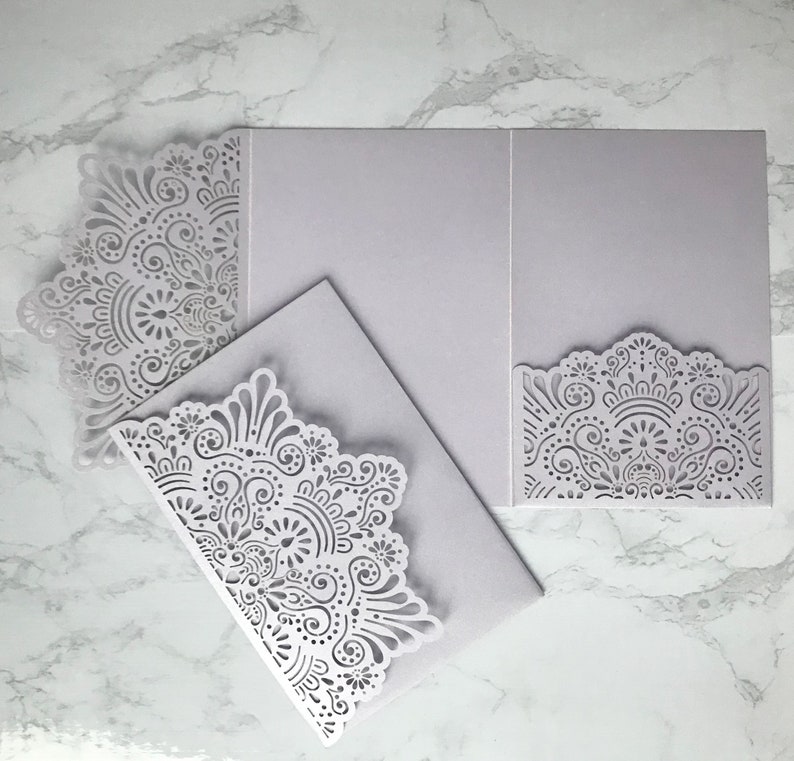 Laser Cut Pocket Wedding Invitation in Lilac