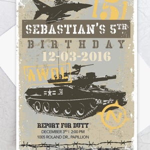 Army Birthday Party Invitation, Tank Invite, Boys Birthday, Camouflage, Camo Birthday, Boot Camp, Military Invitation
