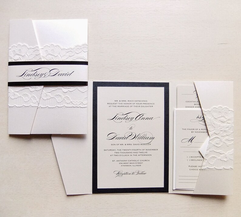 Lace Wrapped Pocketfold Wedding Invitation Elegant Pocket | Etsy
