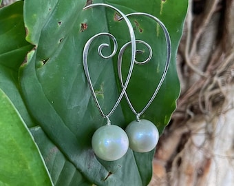 Freshwater Pearl Earrings: Sterling Silver Swirl, 13mm White Pearls