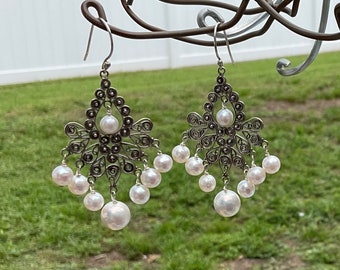 Chandelier Earrings, Pearl Drop Earrings, Silver and Pearl Earrings, Pearl Earrings for Women, Long Dangles, Bridal Pearl Jewelry, Pearls