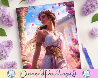 May include: A diamond painting kit featuring a woman with long brown hair wearing a white dress and a flower crown. She is standing in a garden with pink flowers and a white building in the background.