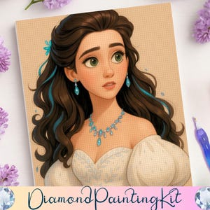 May include: Diamond painting kit featuring a portrait of a woman with brown hair, teal accents, and a white dress. The image includes the text "Diamond Painting Kit" and is surrounded by purple flowers and a stylus.